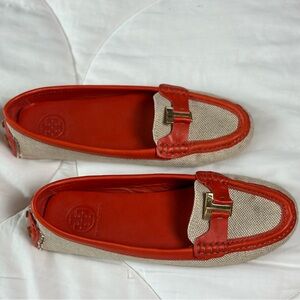 Tory Burch Red and Beige Loafers with Gold Accent